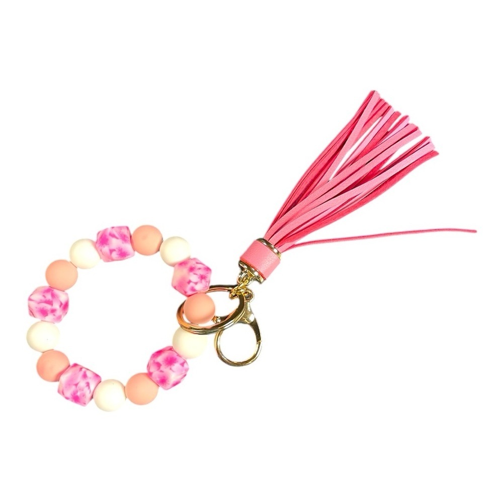 Pink Silicone Beaded Keychain Bracelet with Tassel